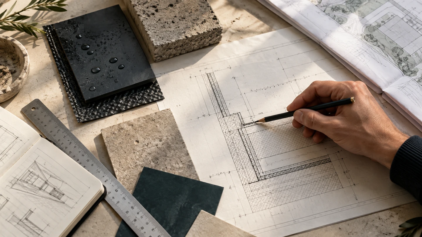 تصوّر لمراجعة تفصيل هندسي بالمخططات وعينات المواد